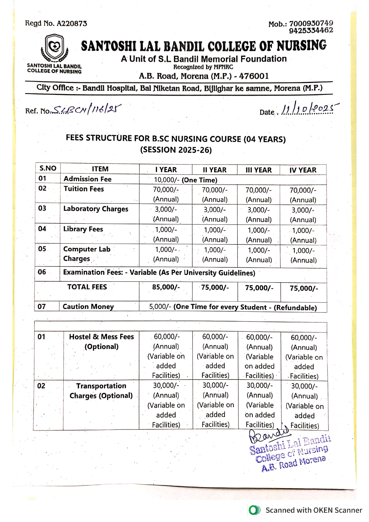 B.Sc Nursing Fee Structure